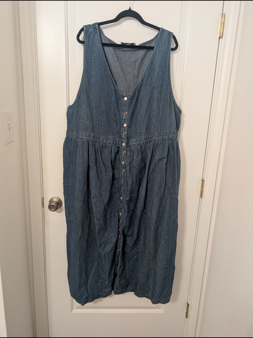 Vintage | Dresses | Vintage Sport Denim Jumper Dress 28w Embroidered Floral Cottagecore